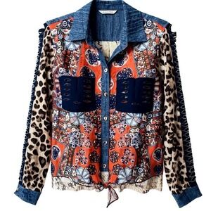 John Mark Women's SMALL Patchwork Denim Mix Print Button Up Shirt Top - CJ